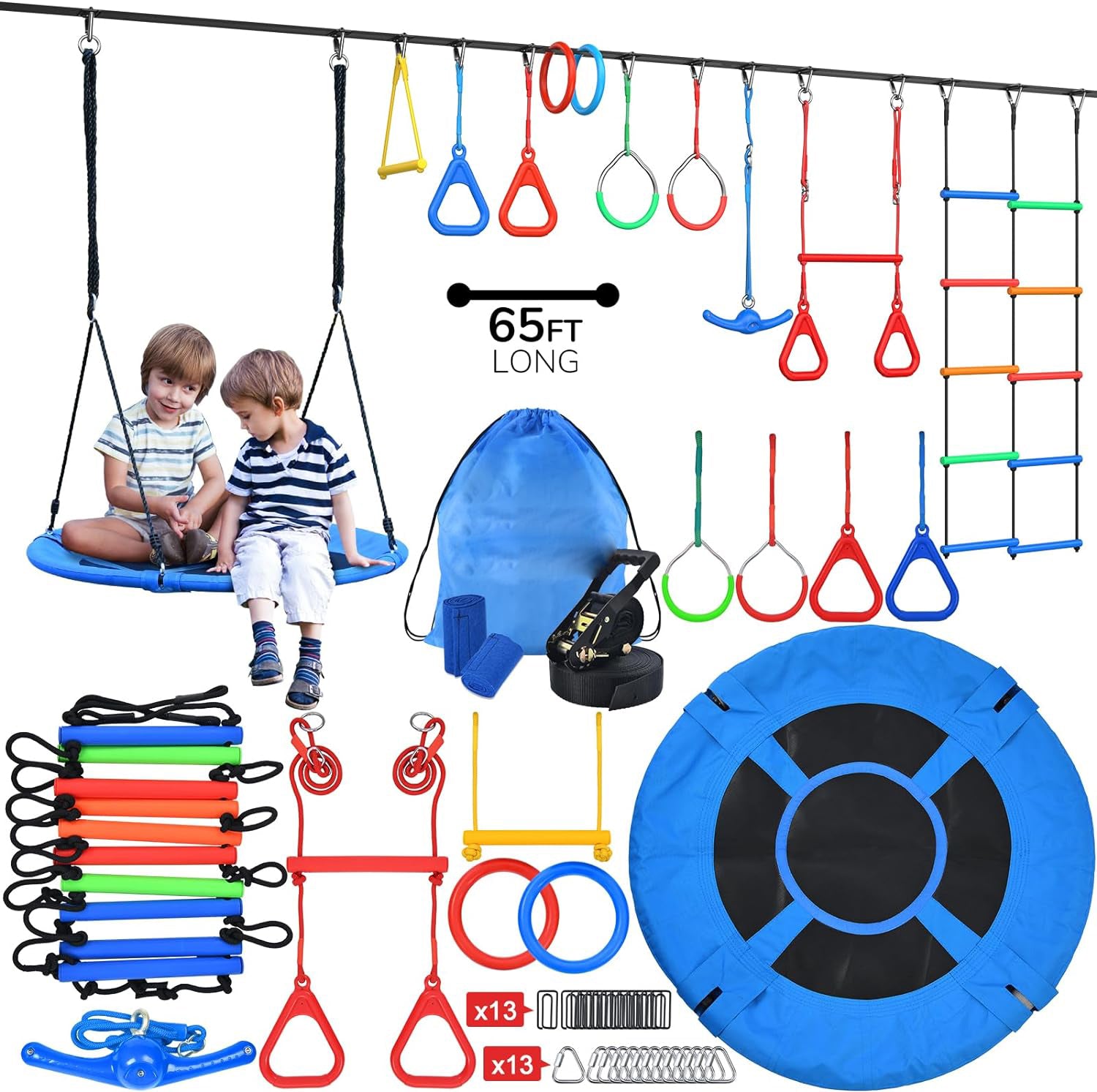 65ft Ninja Warrior Obstacle Course for Kids with Swing, Ninja Rope Course with 11 Obstacles