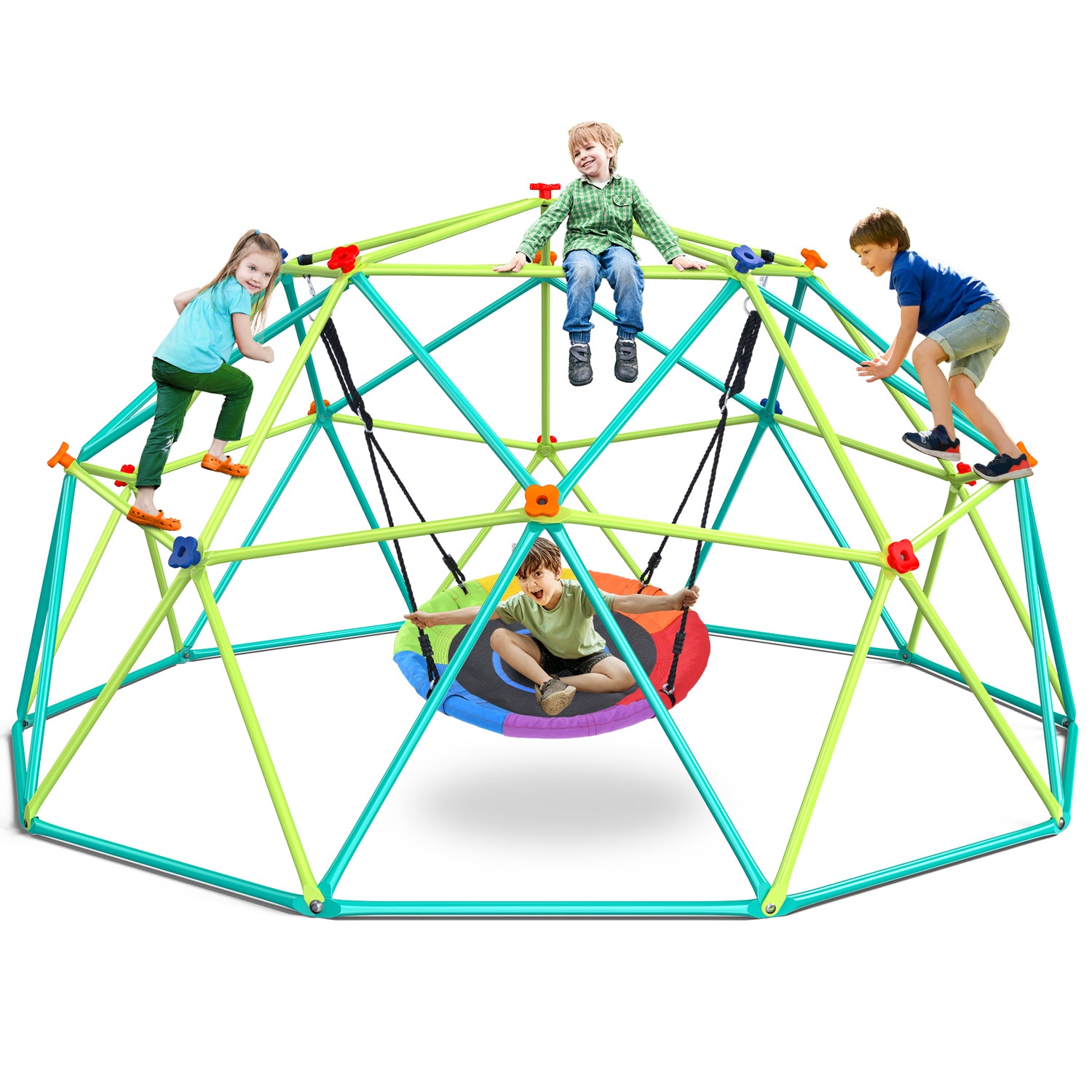 10ft Climbing Dome Swing Set with Saucer Swing, Jungle Gym for Kids Outdoor Backyard, Supports 800lbs