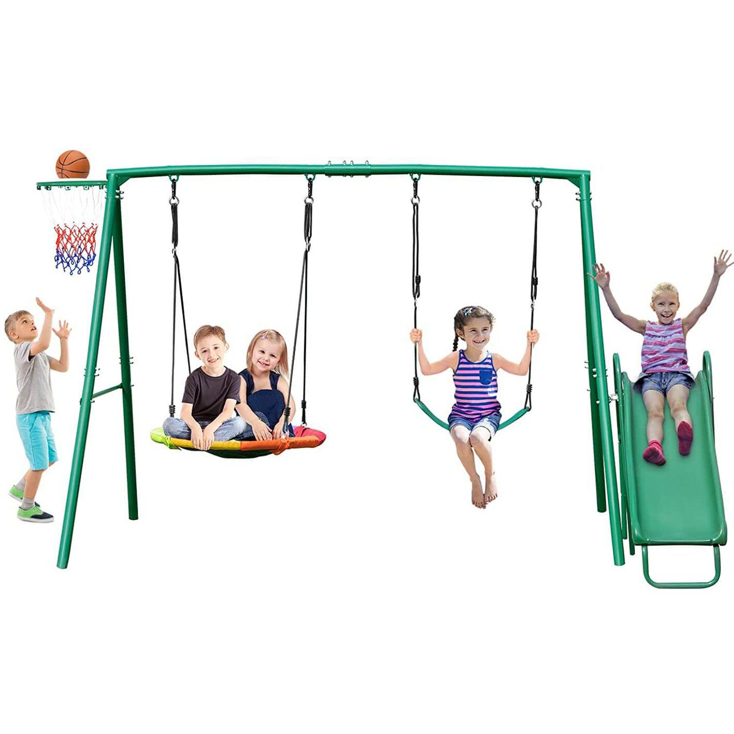 Swing Sets for Backyard with Slide, Metal Swing Stand, Saucer Swing, Belt Swing,Basketball Hoop.
