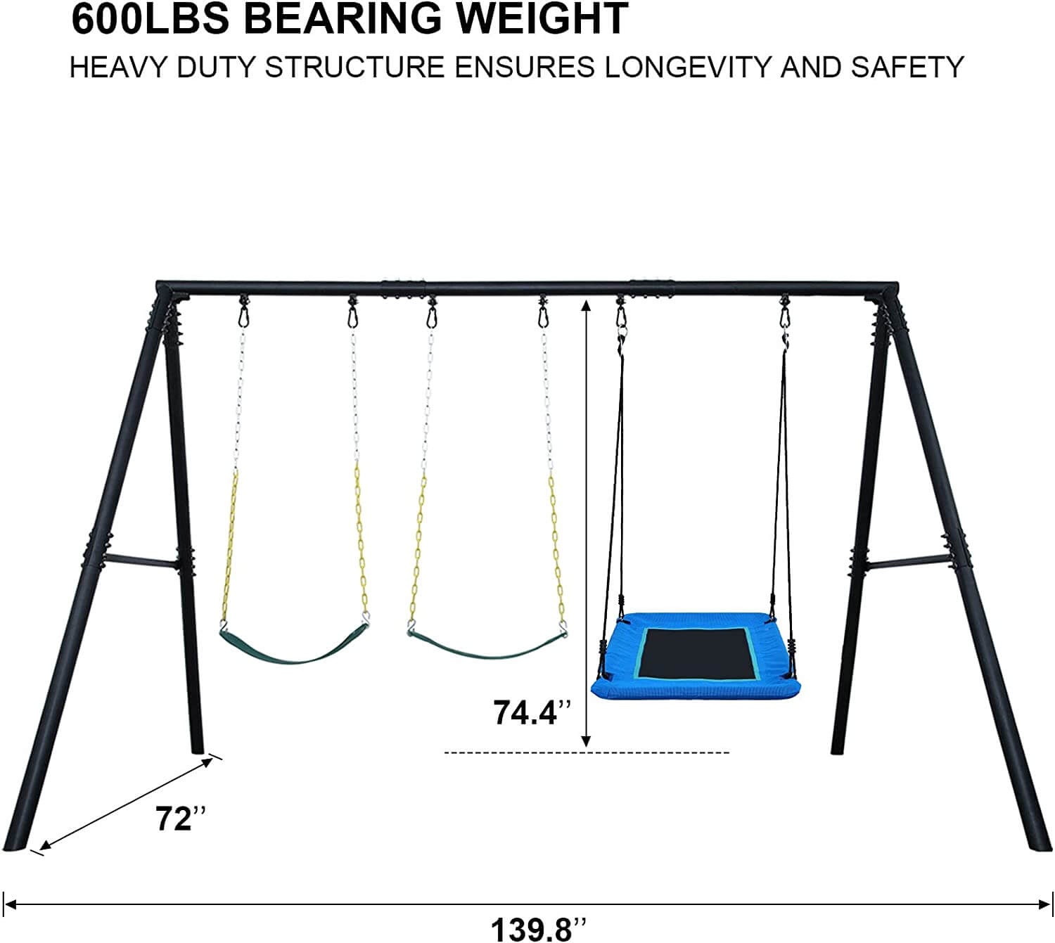 600lbs Heavy Duty Swing Set with 1 Platform Swing, 2 Belt Swings ,A Frame Metal Swing Set
