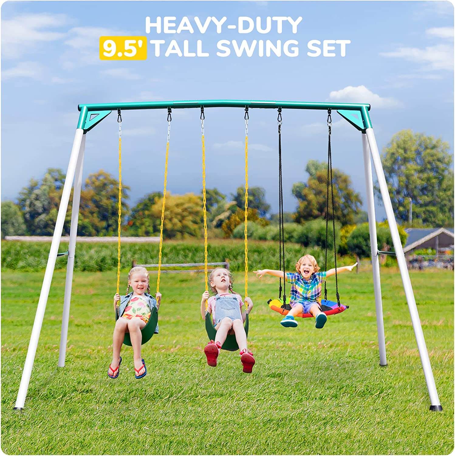 Heavy Duty Swing Sets for Backyard with Saucer Swing, 2 Belt Swings