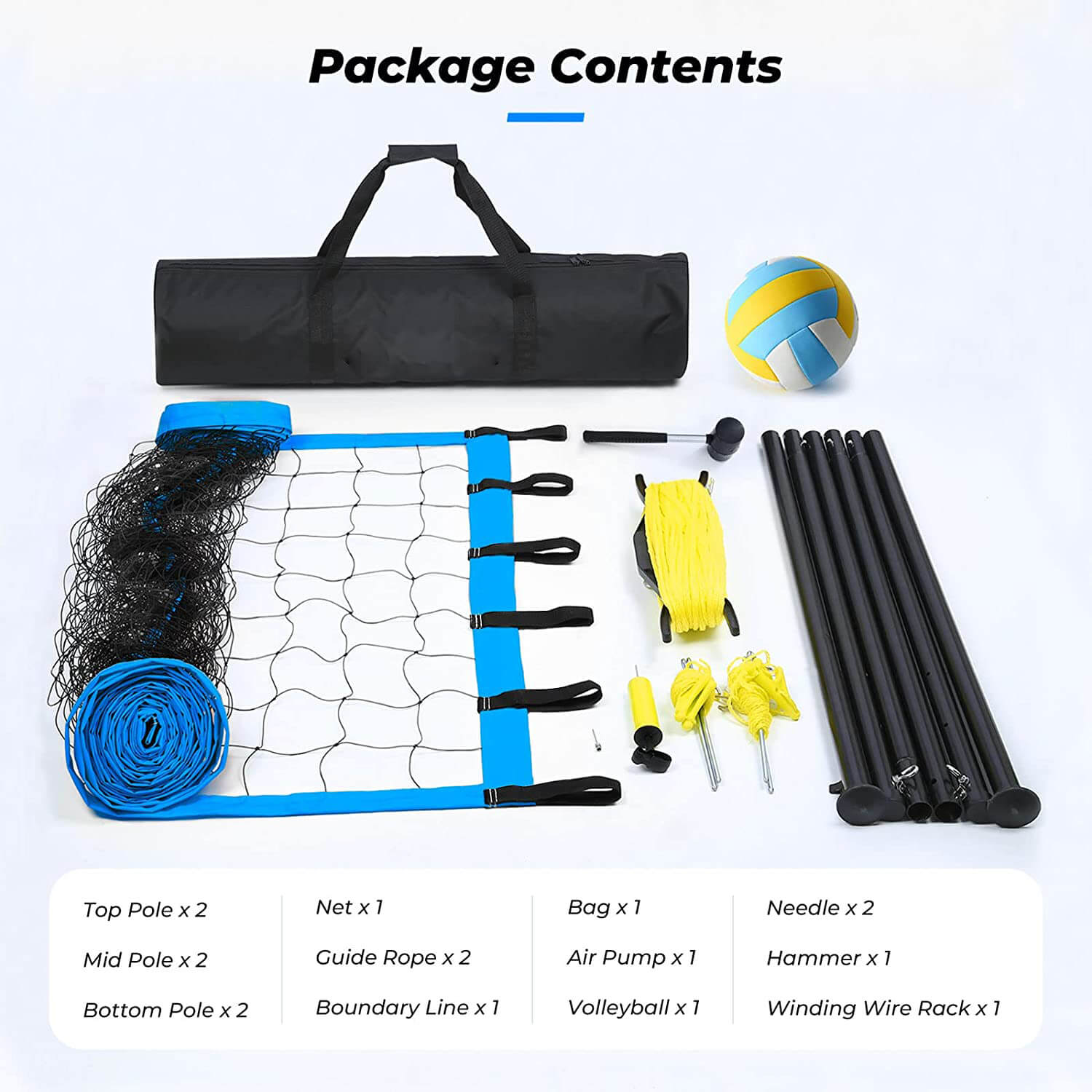 Patiassy Portable Volleyball Net Set System - Adjustable Height Steel Poles, PU Volleyball with Pump