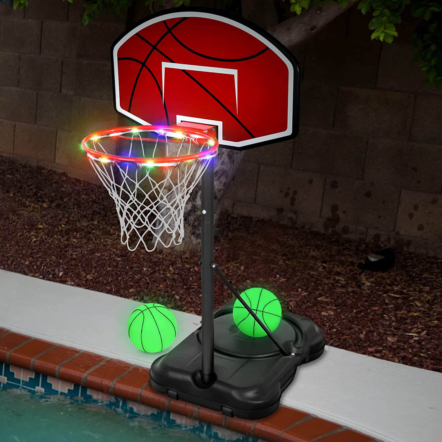 Poolside Basketball Hoop with Light 45’’-59’’ Adjustable Height Swimming Pool Basketball Hoop System with 2 Balls and Pump